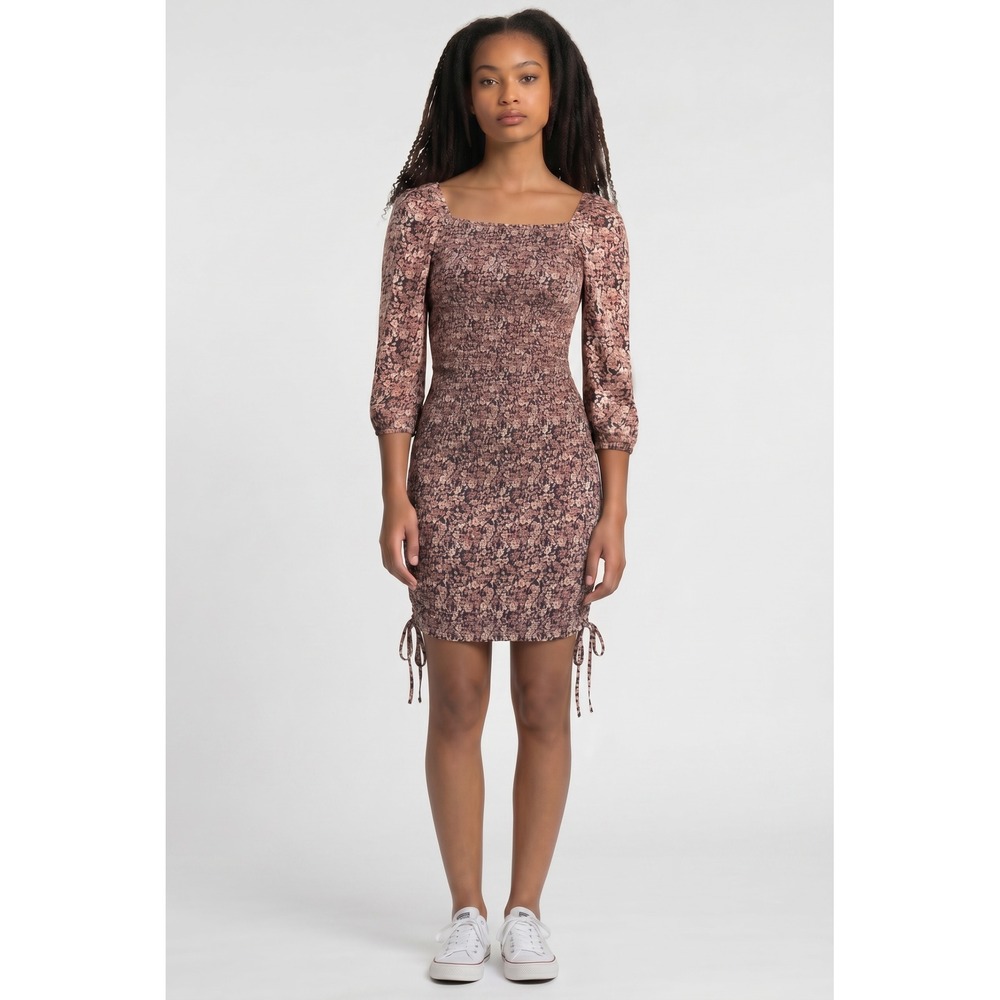 Jessica Simpson Floral Smocked Mini Dress Bodycon 3/4 Sleeve Ruched Medium
